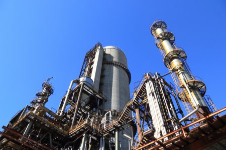 Oil rig viewed from below looking up.