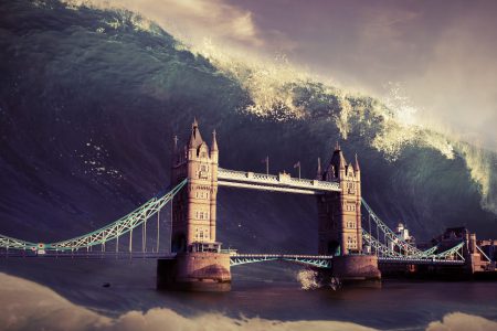 Tower of London about to be hit by large tsunami wave.