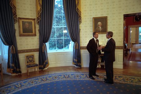 Blair and Bush speaking in the oval office.